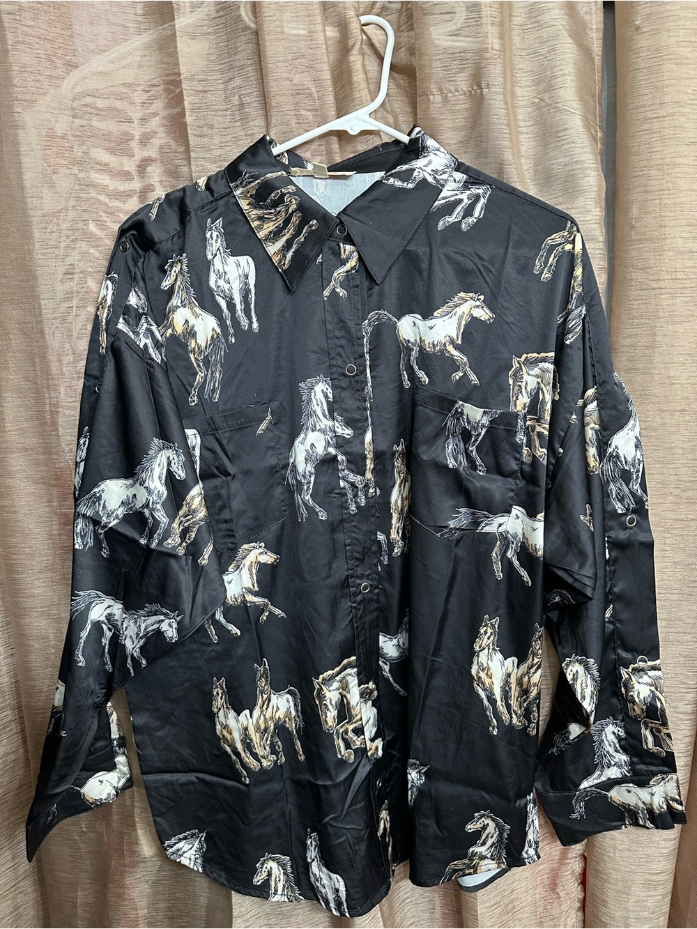 Black Satin Horse Print Button-Up Shirt